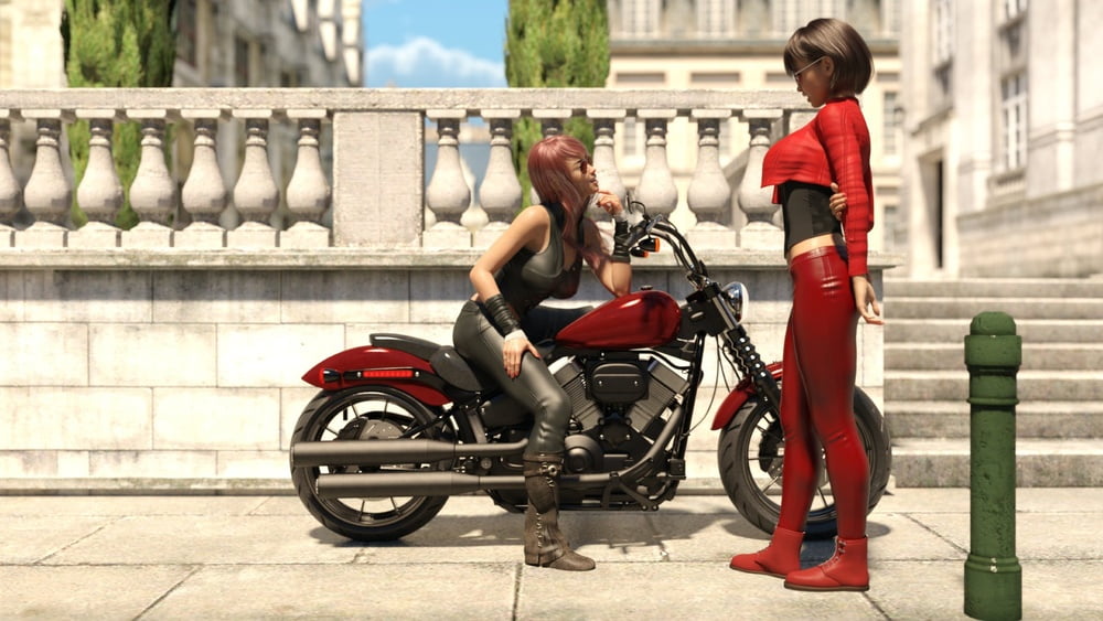 Rendered Hotties In Leather By A Motorcycle