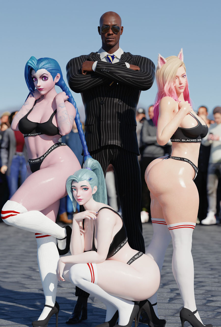 Trio Of 3D Beauties Pose With A Tall Black Man