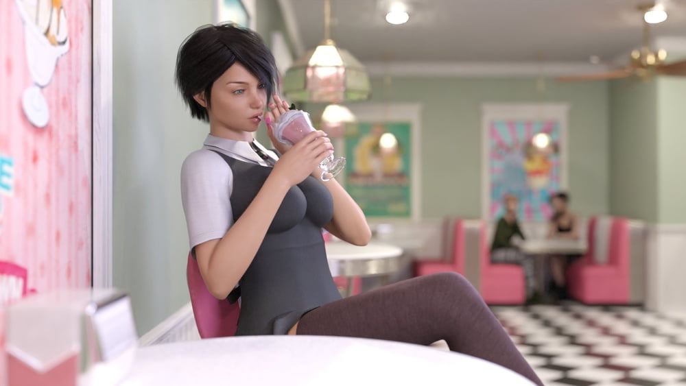 Lusty Rendered Babe At A Soda Shop Enjoying A Malt