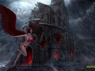 Winged Female Flying By Rundown Mansion - animated