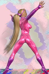 Long Ponytail 3D Blonde In Pink Latex Jumper With Purple Boots